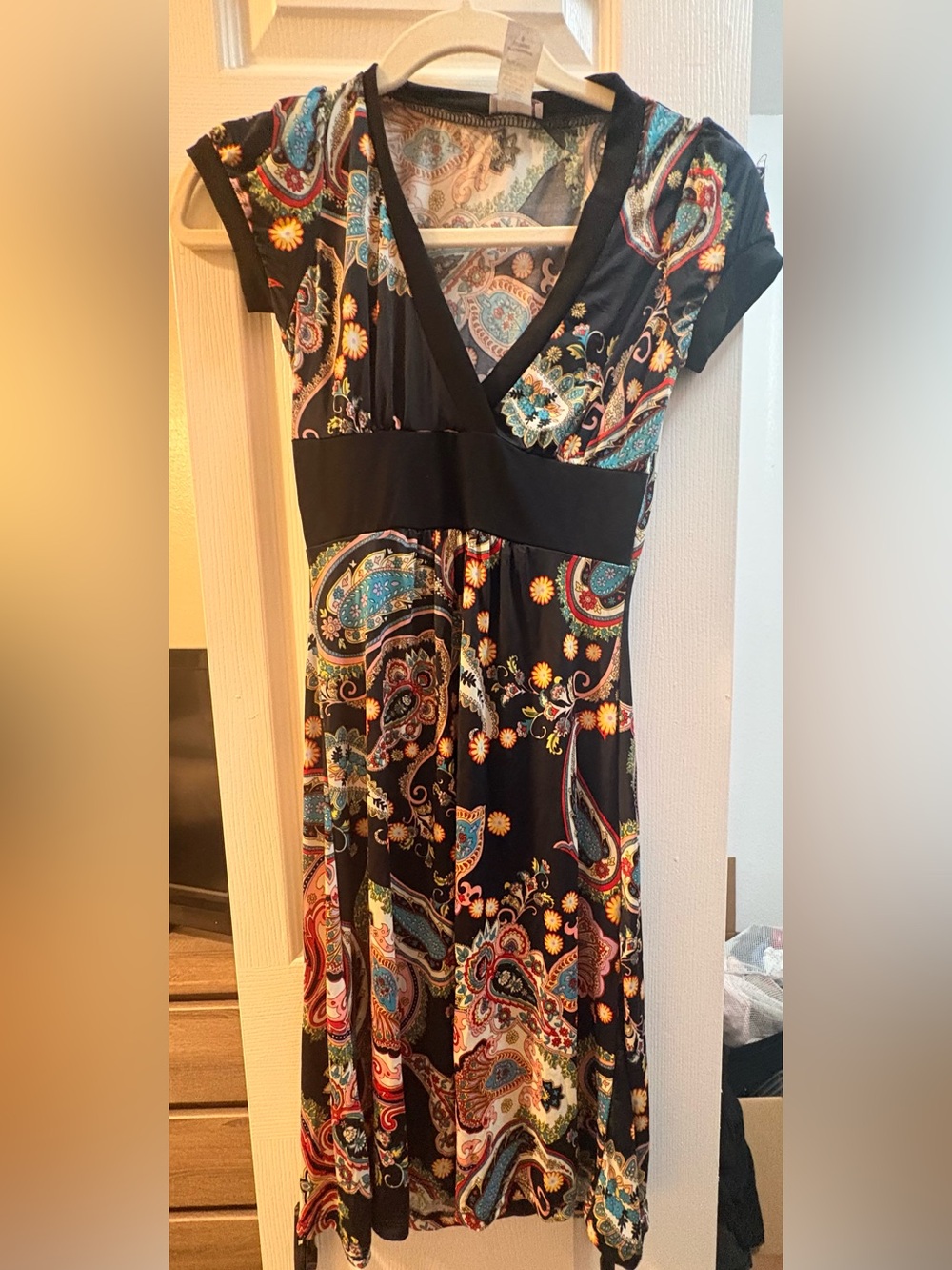 Lipstick Queen Black Paisley V-Neck Dress with Teal, Red and Gold Accents